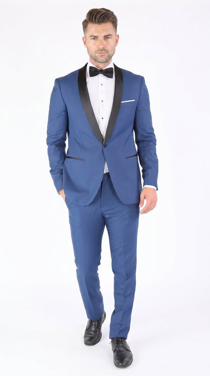 Men’s Indigo Shawl Prom Tuxedo with Black Lapel, One Button Jacket and Matching Pants