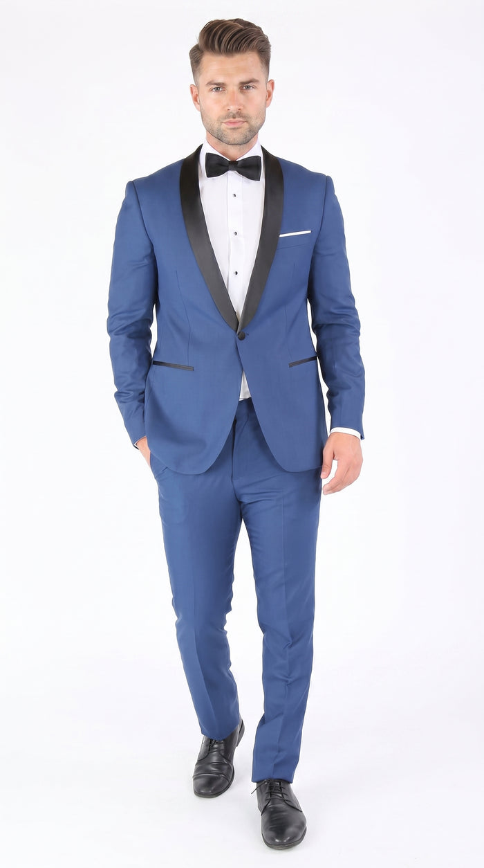 Men’s Indigo Shawl Prom Tuxedo with Black Lapel, One Button Jacket and Matching Pants