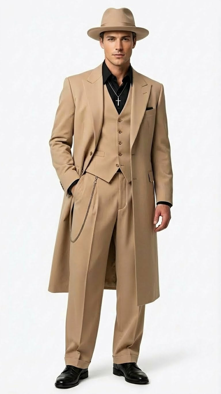 Mens 1920s Beige Zoot Suit  Long Mafia Gangster Three-Piece Suit in Tan Khaki Color 40 inch Zuit Pachuco Suit