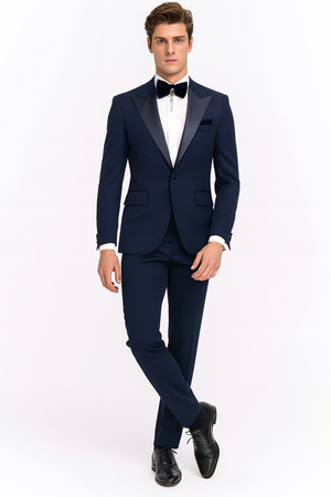 Mens Navy Blue Tuxedo with Satin Peak Lapel With Matching Color Lapel Sateen  Formal 2 Piece Suits