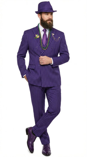 Men’s Purple Pinstripe Mardi Gras Suit | Classic Double Breasted Formal Carnival Suit