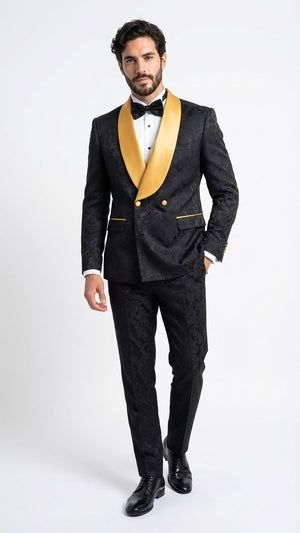 Mens Black and Gold Jacquard Tuxedo Suit  Luxury Slim Fit Formal Wedding, Prom, and Gala Outfit