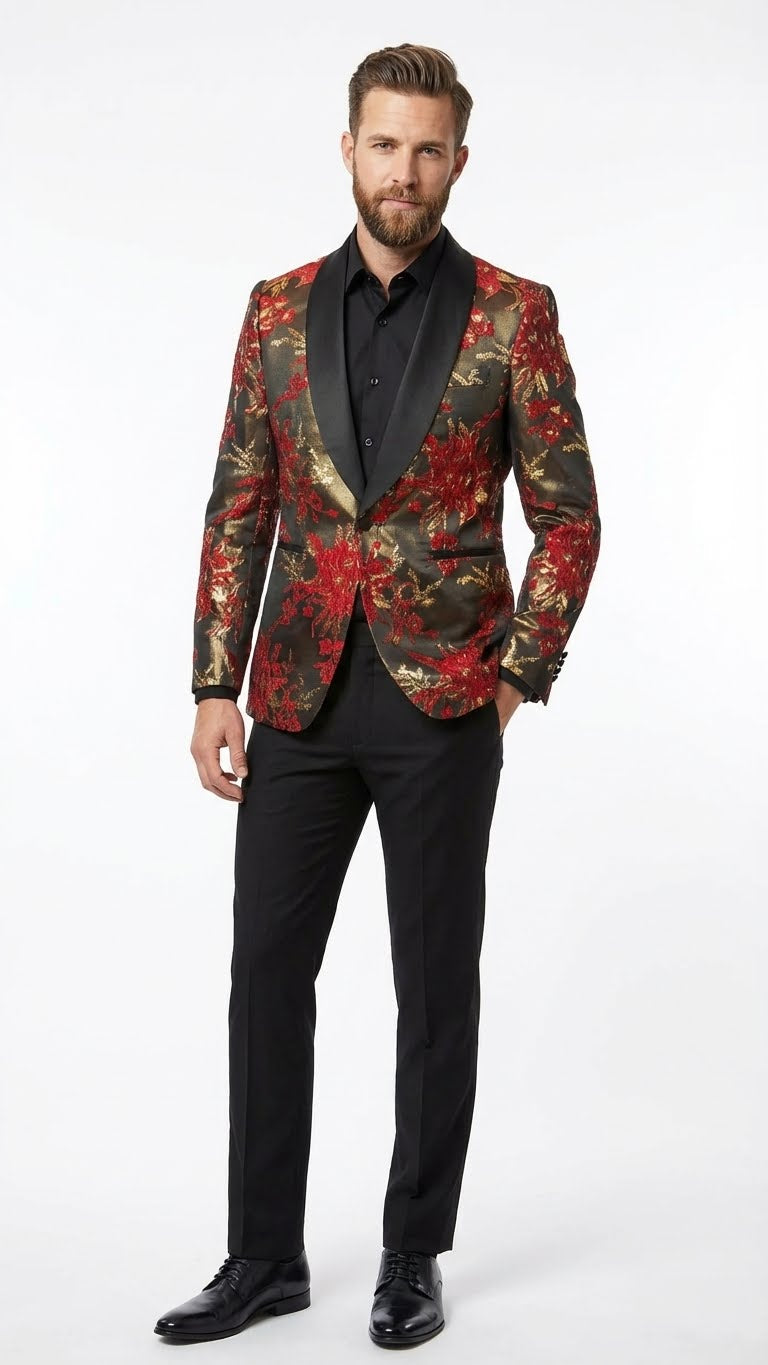 Mens Red and Gold Floral Pattern Paisley  Shawl Lapel | Luxury Evening and Party Wear Jacket Prom Christmas New Year Blazer