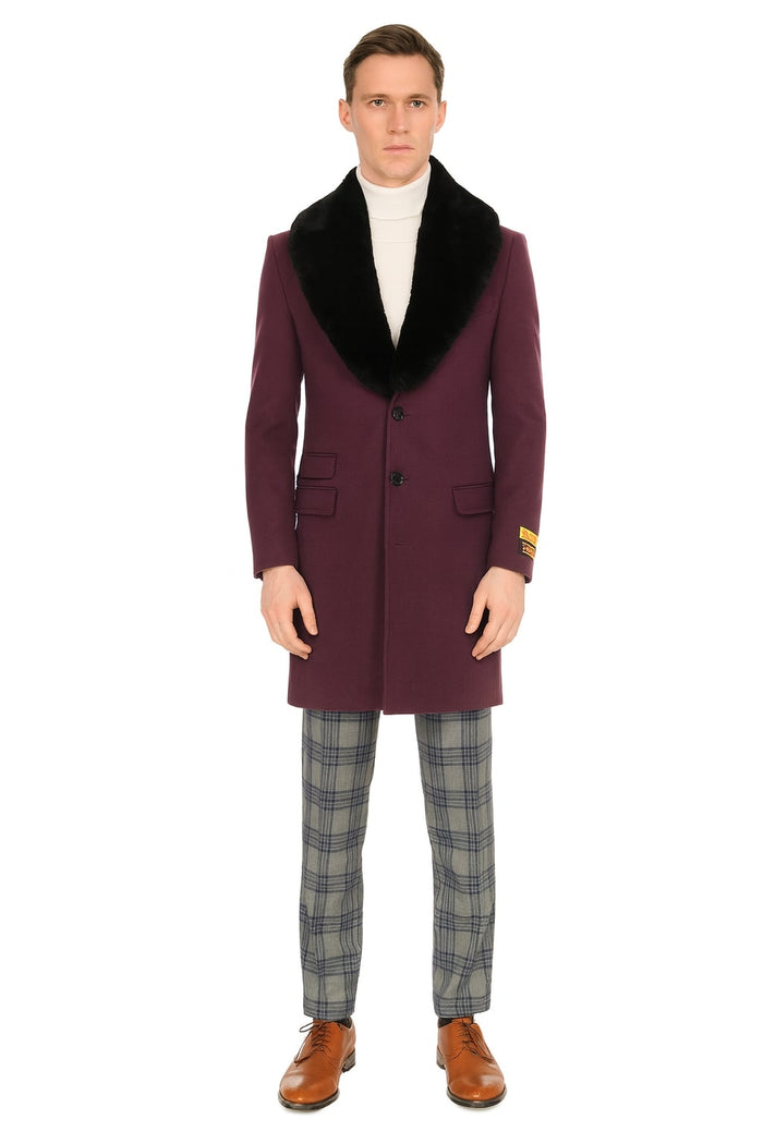 Mens Purple Wool Overcoat with Black Faux Fur Collar  Luxury Winter Dress Coats for Formal and Casual Wears