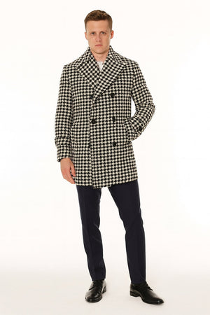 Mens Houndstooth Double-Breasted Overcoats  Classic Black and White Wool Blend Peacoat Wool Fabric