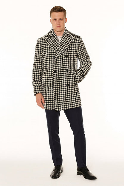 Mens Houndstooth Double-Breasted Overcoats  Classic Black and White Wool Blend Peacoat Wool Fabric