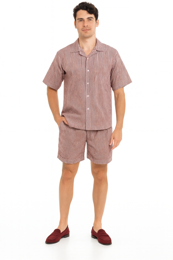 Men's Burgundy Reddish Seersucker Short Set Walking Suit - Two-Piece Cuffed Shorts with Expandable Waist