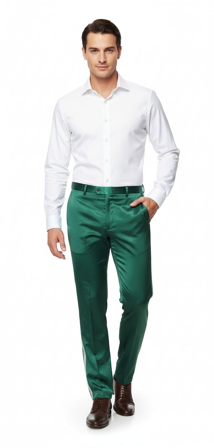 Mens Emerald Green Satin Slim Fit Dress Pants  Shiny Formal Party and Wedding Trousers