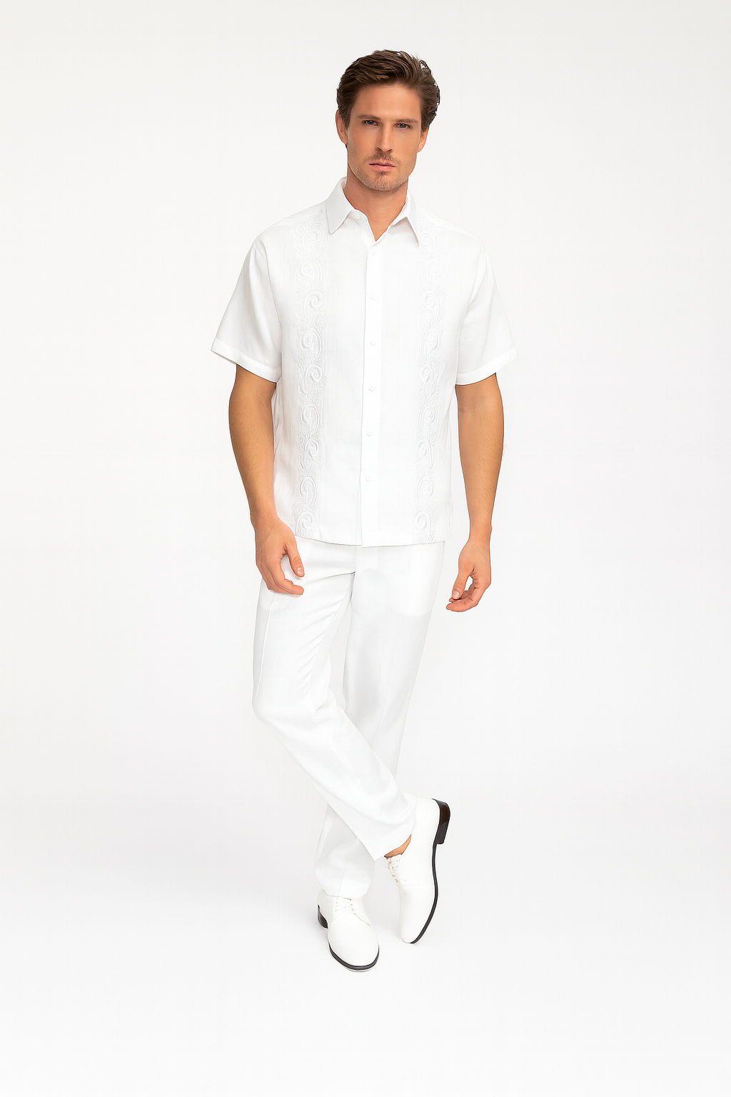Mens White Embroidered Guayabera Two-Piece Set  Short Sleeve Shirt and Pants