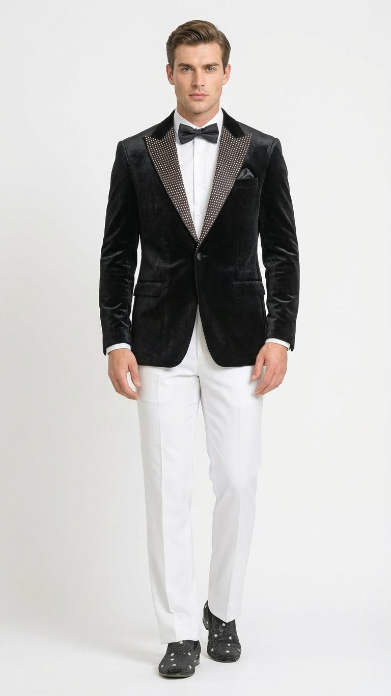 Mens Black Velvet Tuxedo Blazer with Studded Lapel  Formal Evening Jacket