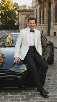 Men's White Dinner Jacket Tuxedo Blazer with Black Satin Shawl Lapel With Black Tuxedo Pants