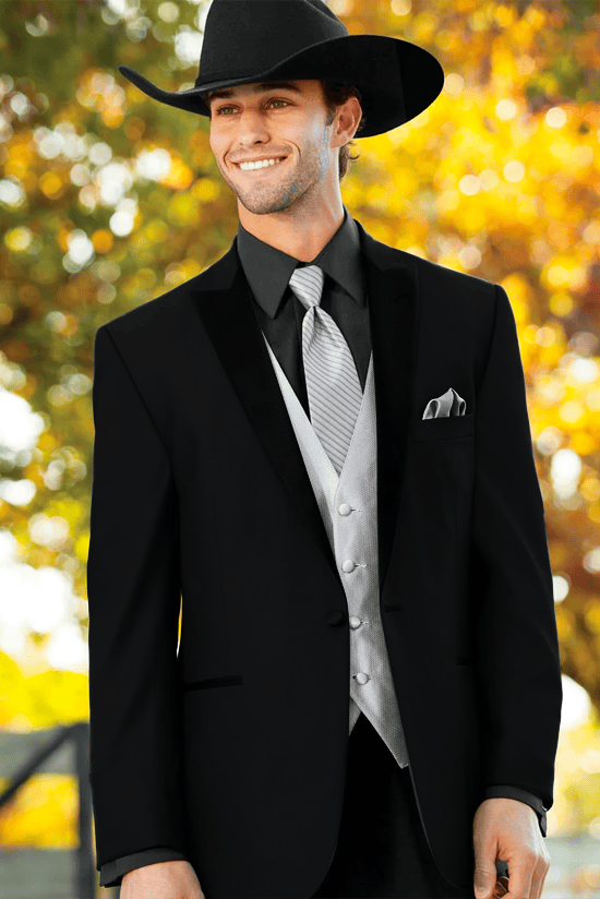 Men’s Black 2 Button Trim Cowboy Suit with Silver Waistcoat, Country Wedding Formal Suit Set