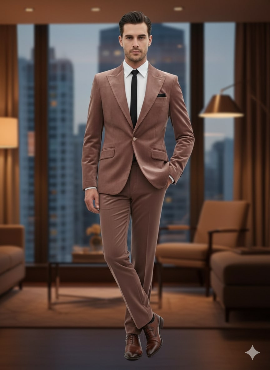 Mens Mauve Velvet Suit  2 Piece Ultra Slim Fit Blazer and Pants Formal Set in Light Brown Tuxedo