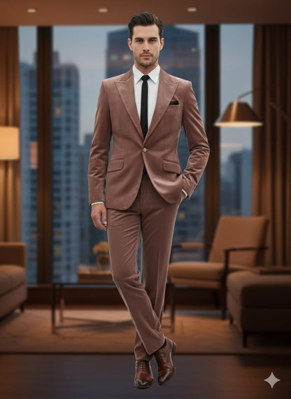 Mens Mauve Velvet Suit  2 Piece Ultra Slim Fit Blazer and Pants Formal Set in Light Brown Tuxedo