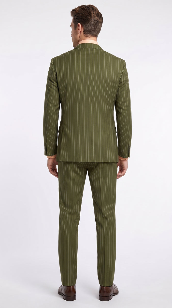Men’s Olive Green Pinstripe Double-Breasted Suit – Classic Wedding, Business and Formal Suit