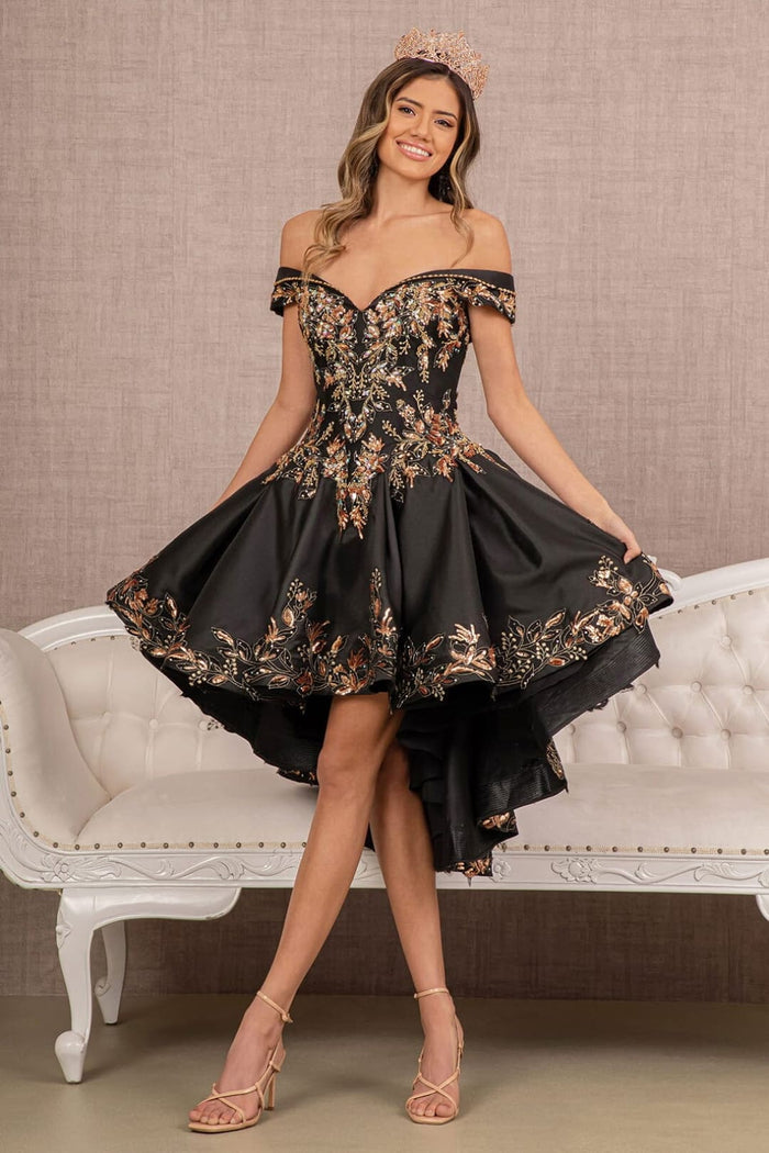 2 piece Off Shoulder Black Gold Quince Ball Gown by Elizabeth K GL3098