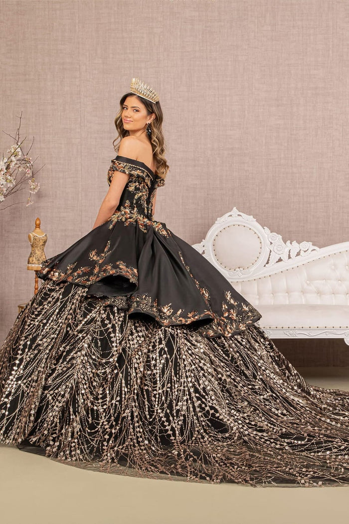 2 piece Off Shoulder Black Gold Quince Ball Gown by Elizabeth K GL3098