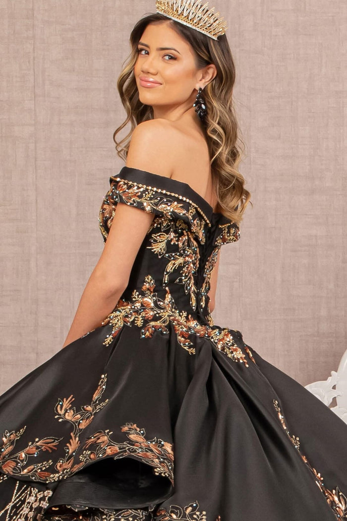 2 piece Off Shoulder Black Gold Quince Ball Gown by Elizabeth K GL3098