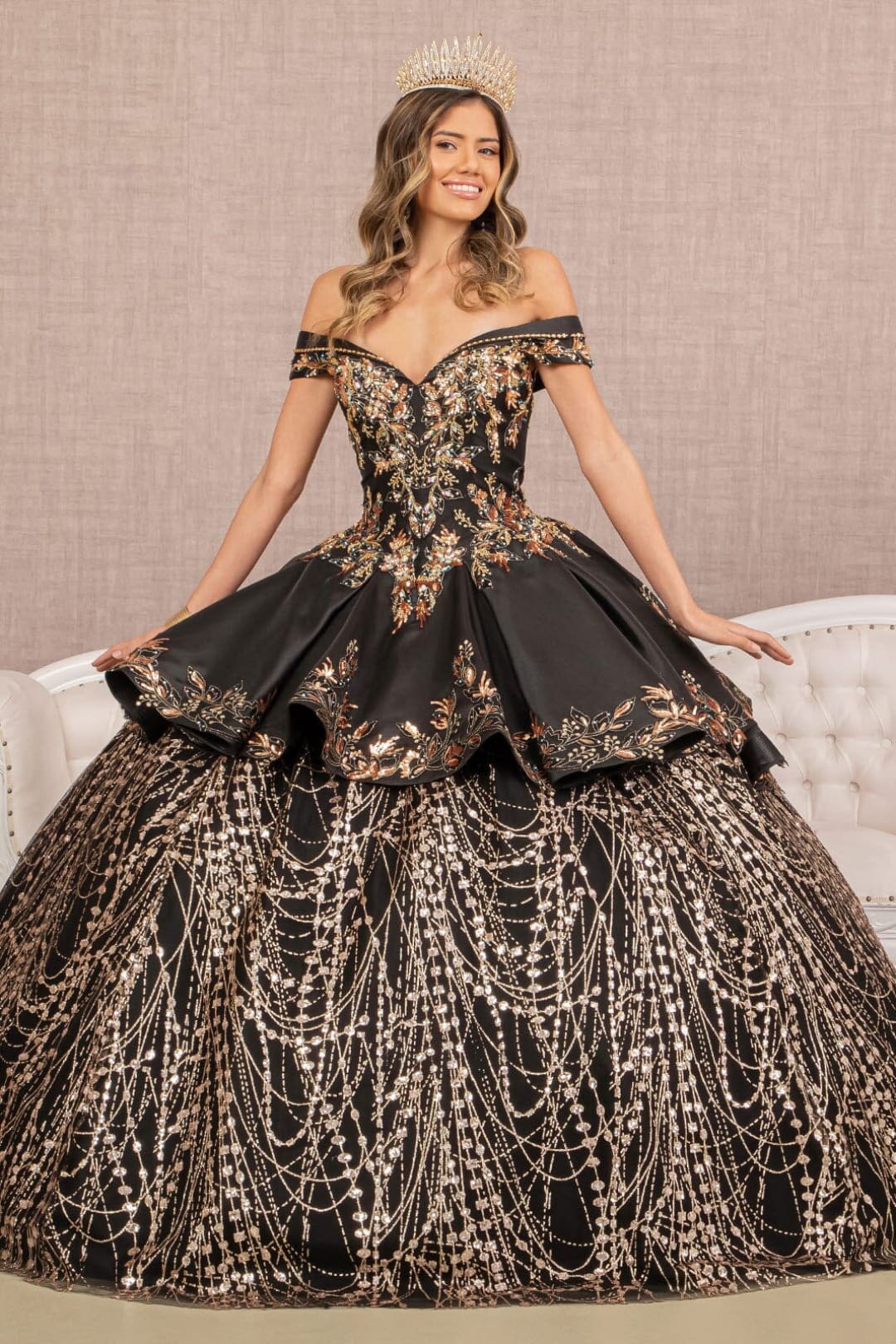 2 Piece Off Shoulder Satin Ball Gown by Elizabeth K GL3098 - XS / Black/Gold - Quinceanera Dresses