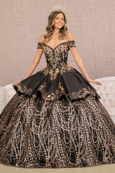 2 Piece Off Shoulder Satin Ball Gown by Elizabeth K GL3098 - XS / Black/Gold - Quinceanera Dresses