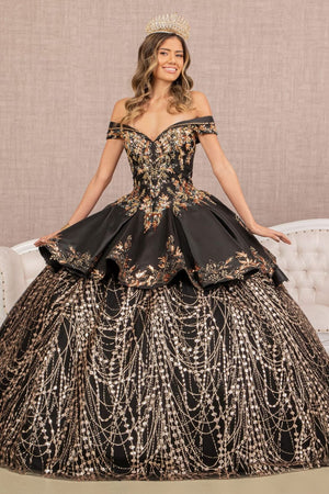 2 piece Off Shoulder Black Gold Quince Ball Gown by Elizabeth K GL3098
