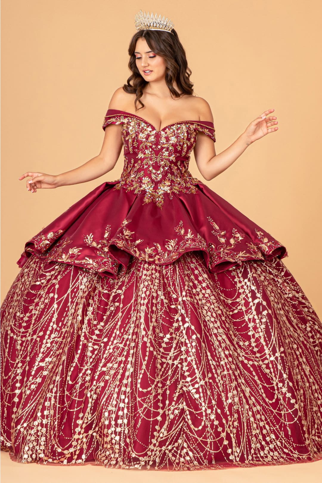 2 Piece Off Shoulder Satin Ball Gown by Elizabeth K GL3098 - XS / Burgundy/Gold - Quinceanera Dresses