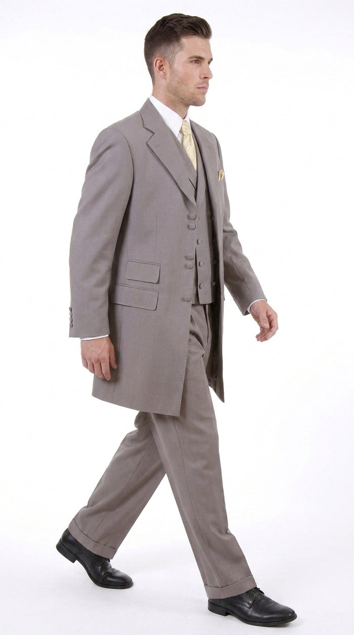 Men’s Light Kahki Sand 3-Piece Suit – Six-Button Jacket with Double-Breasted Vest and Pleated Pants Tan Color