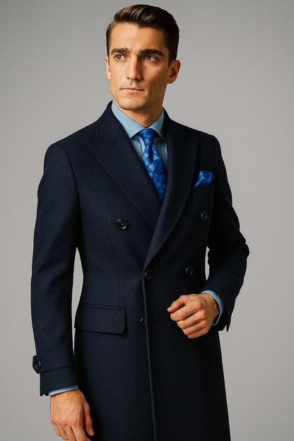 "Men's Navy Wool Peacoat  Double Breasted 3/4 Length Overcoat"