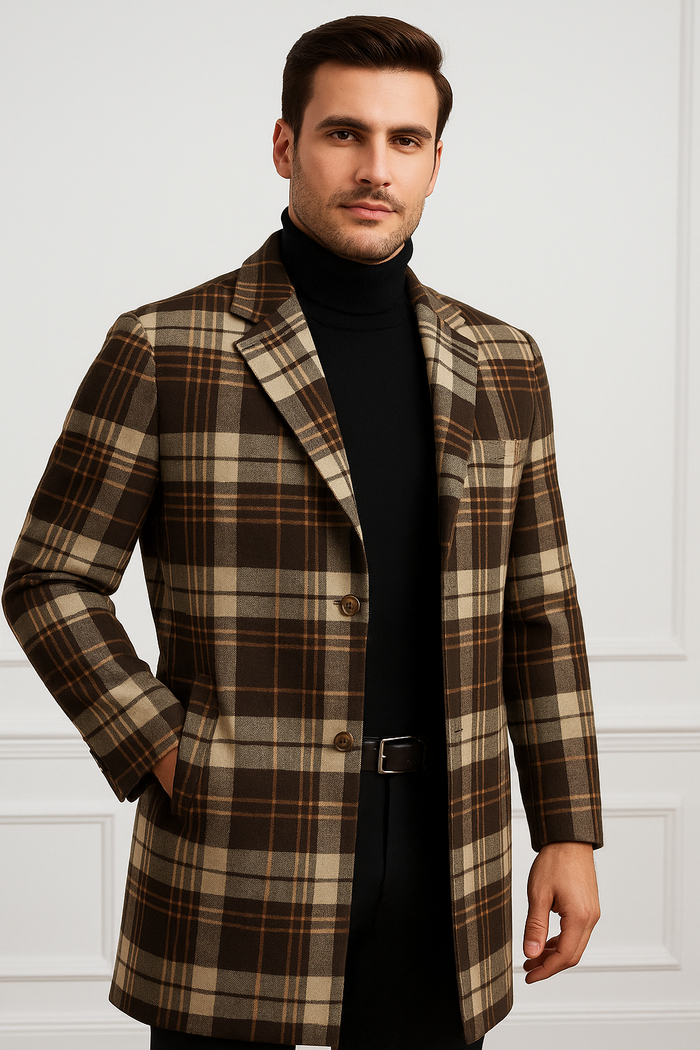 Plaid Wool Overcoat  Brown & Camel Mixed Color Topcoat