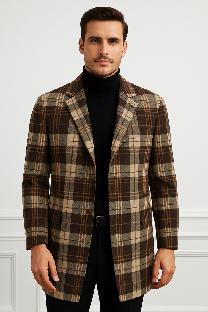 Plaid Wool Overcoat  Brown & Camel Mixed Color Topcoat
