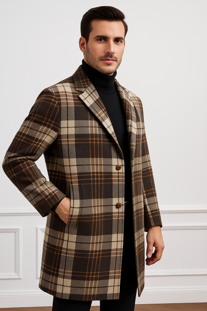Plaid Wool Overcoat  Brown & Camel Mixed Color Topcoat