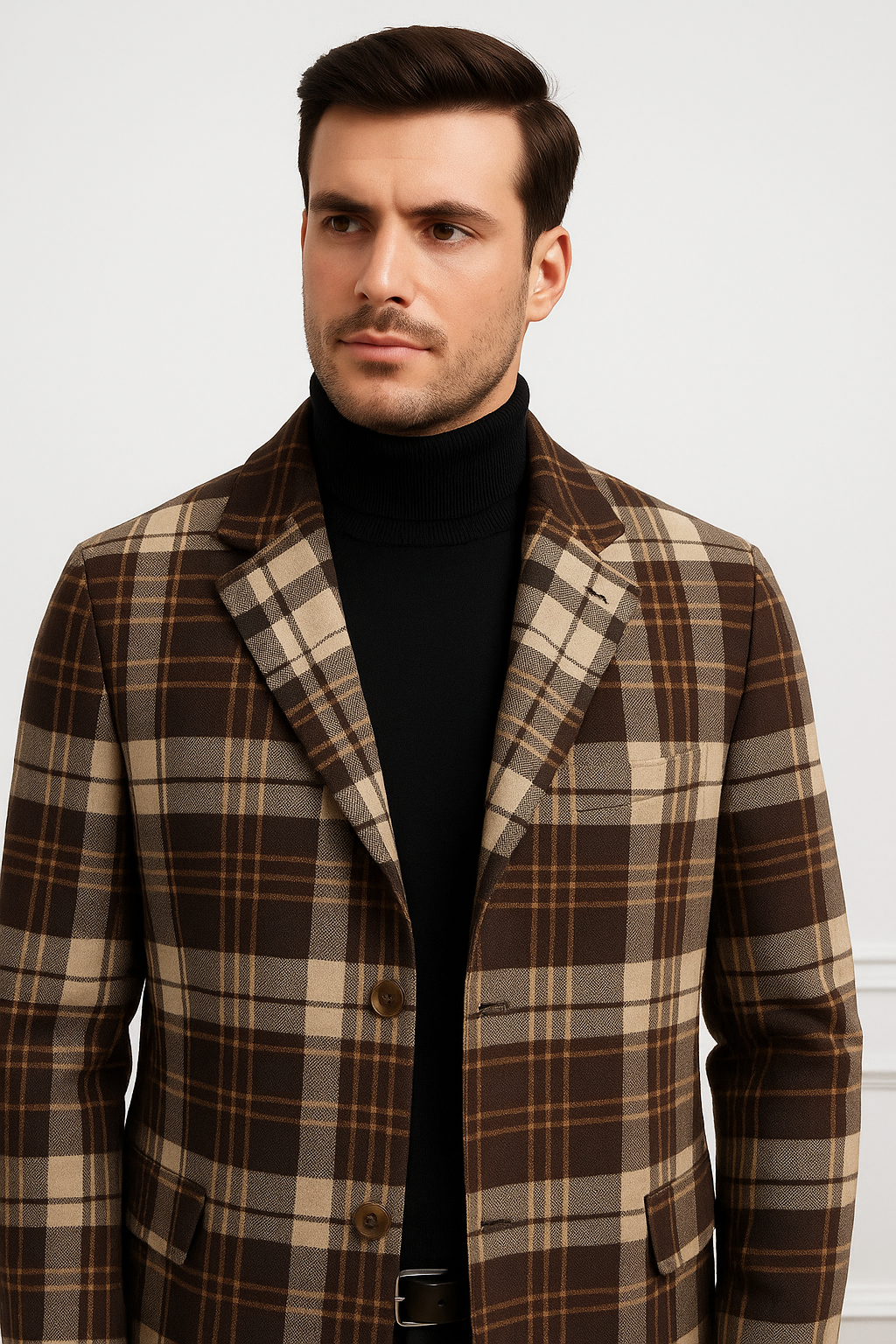 Plaid Wool Overcoat  Brown & Camel Mixed Color Topcoat