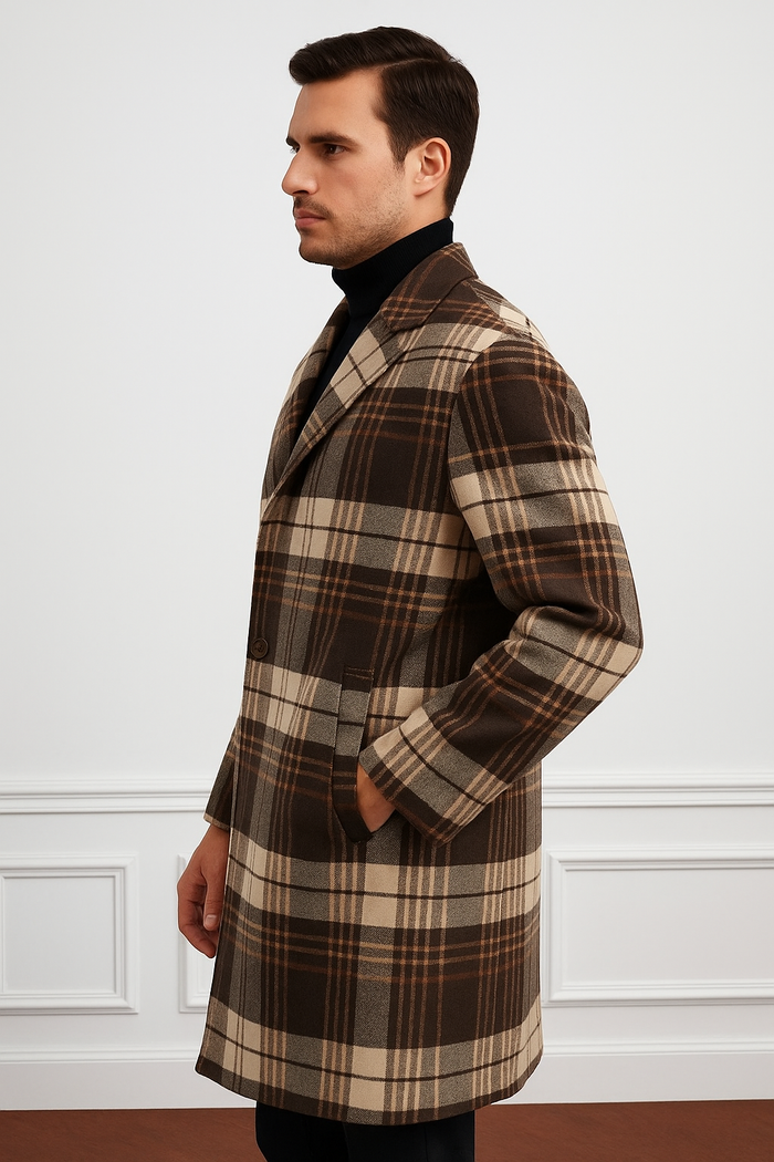 Plaid Wool Overcoat  Brown & Camel Mixed Color Topcoat