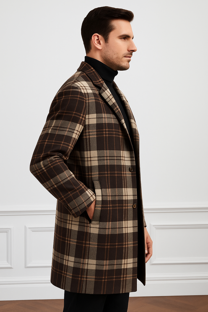 Plaid Wool Overcoat  Brown & Camel Mixed Color Topcoat
