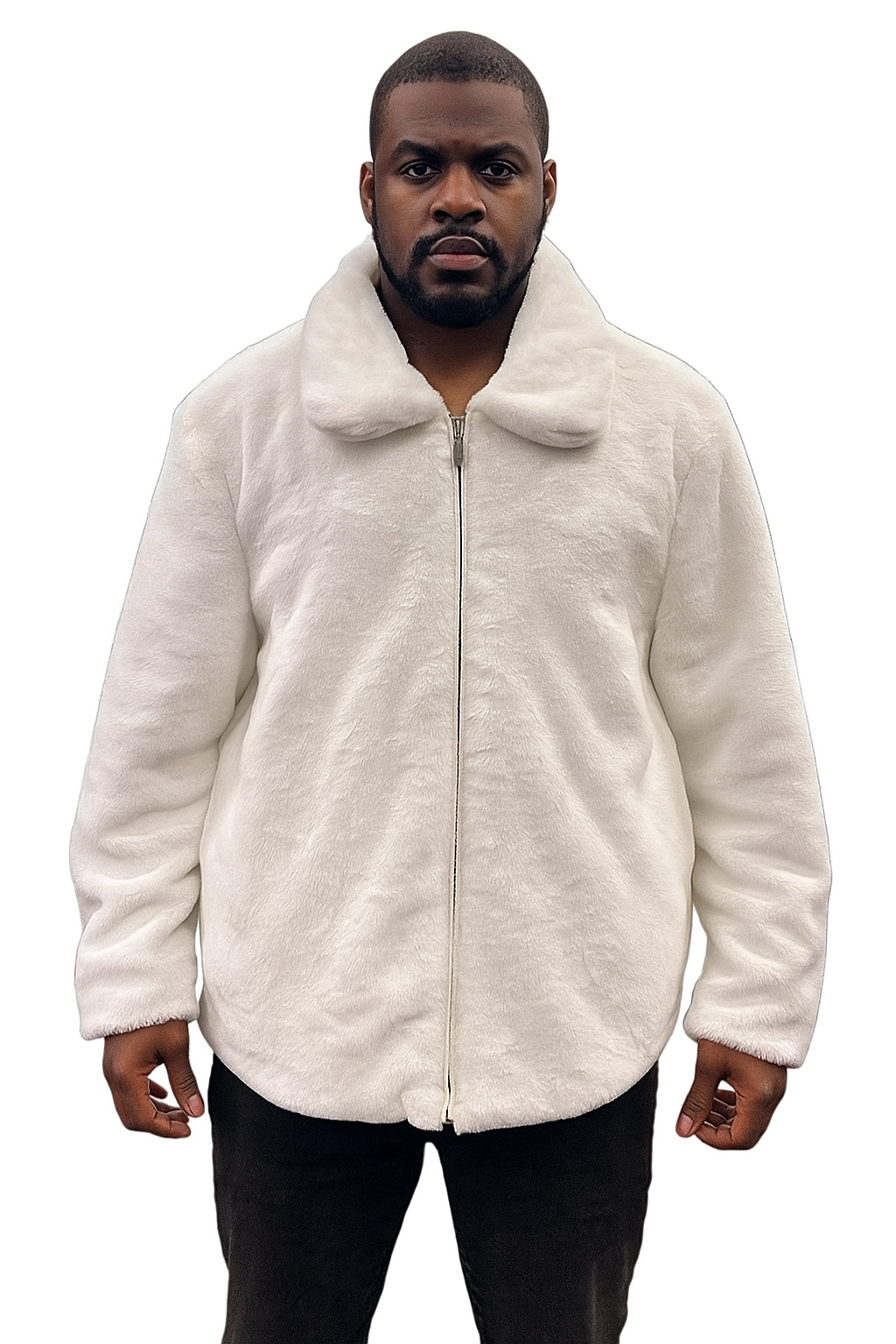Men's White Fur Short Coat  Single Breasted, Full Zip, Regular Fit