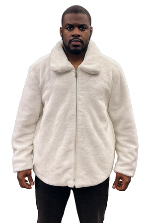 Men's White Fur Short Coat  Single Breasted, Full Zip, Regular Fit