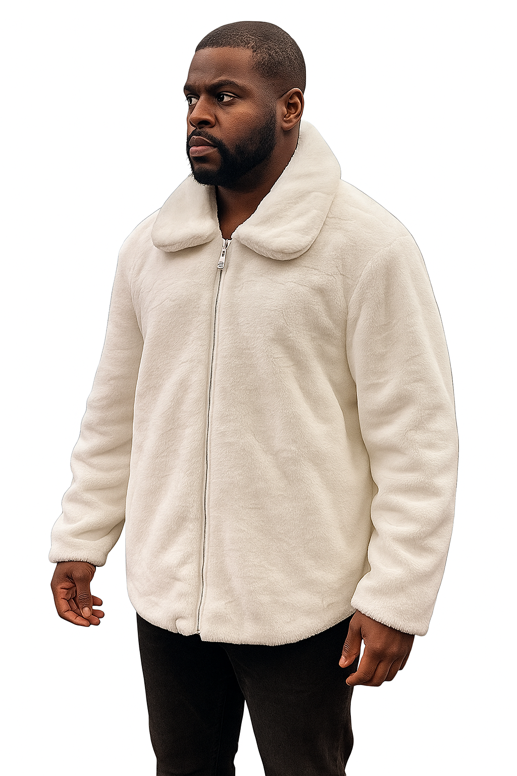 Men's White Fur Short Coat  Single Breasted, Full Zip, Regular Fit