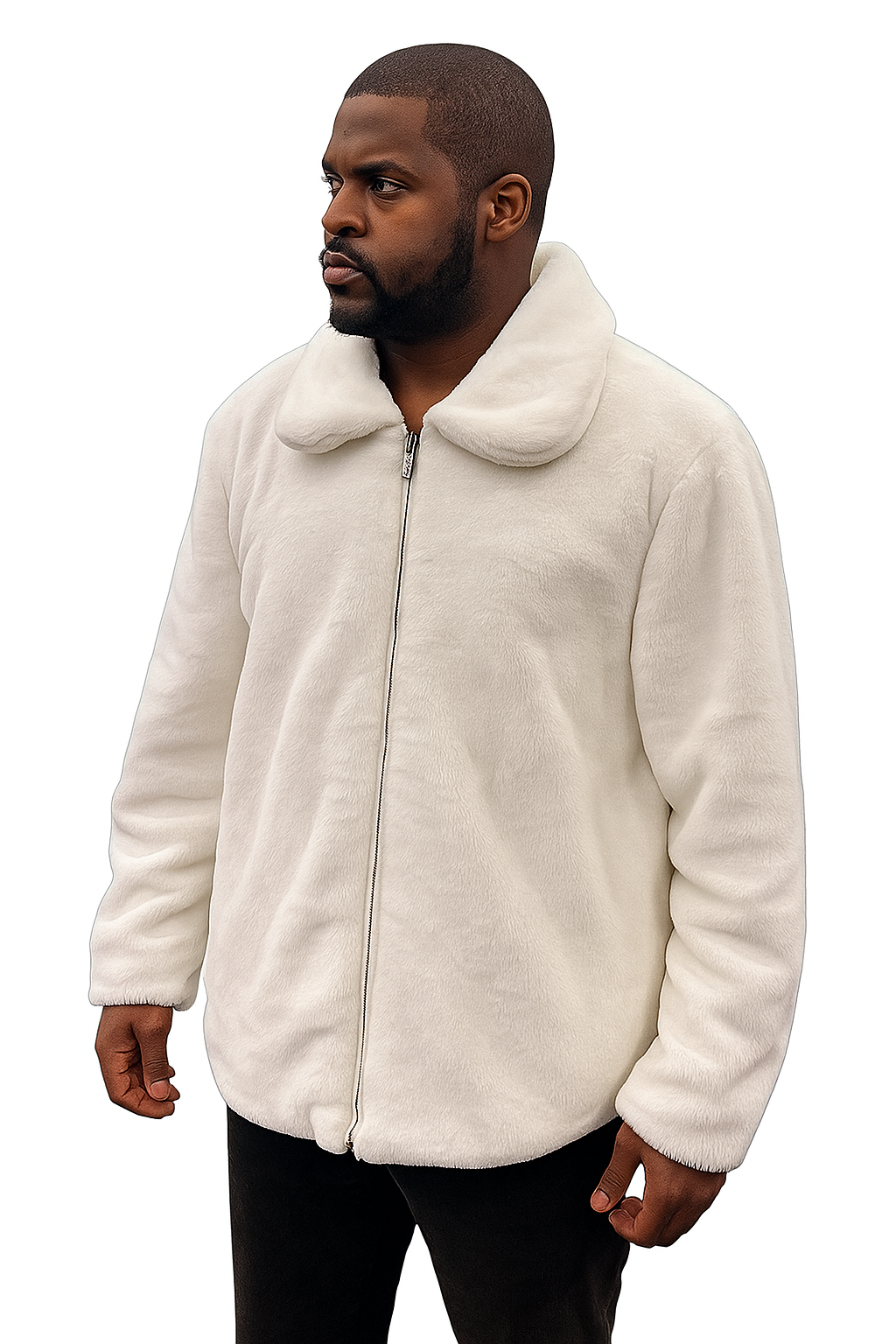Men's White Fur Short Coat – Single Breasted, Full Zip, Regular Fit