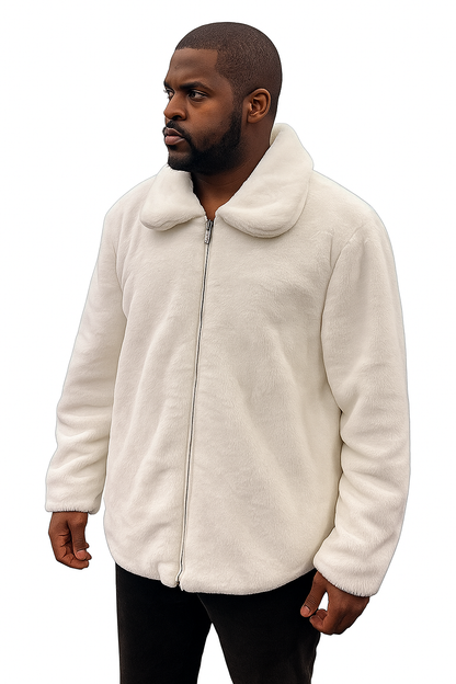 Men's White Fur Short Coat  Single Breasted, Full Zip, Regular Fit