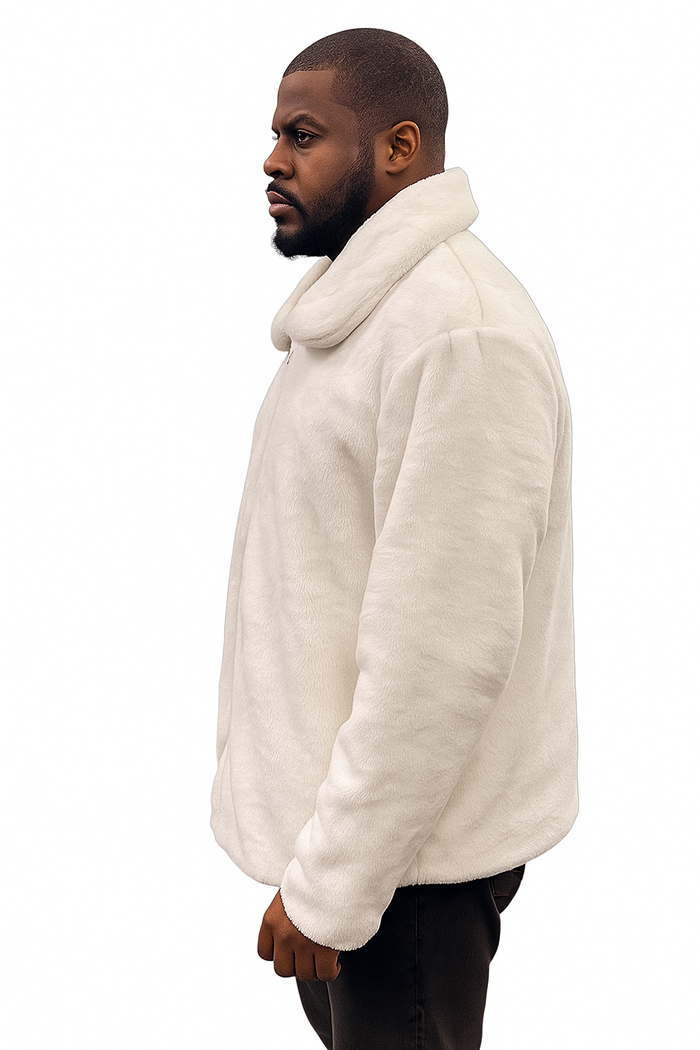 Men's White Fur Short Coat  Single Breasted, Full Zip, Regular Fit