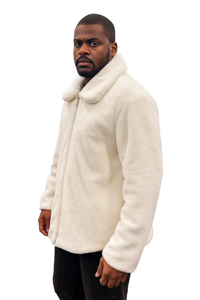 Men's White Fur Short Coat  Single Breasted, Full Zip, Regular Fit