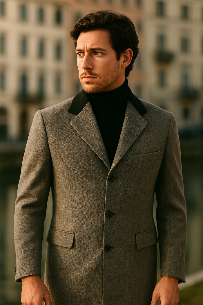 Herringbone Wool & Cashmere Chesterfield Overcoat  1920s Full Length