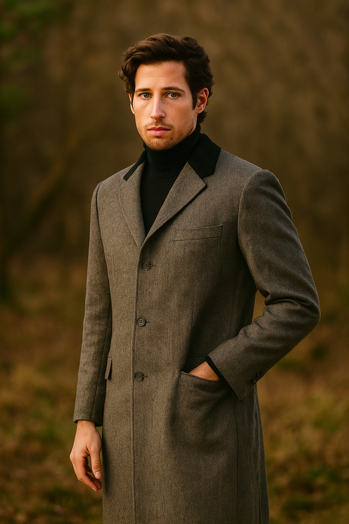 Herringbone Wool & Cashmere Chesterfield Overcoat  1920s Full Length