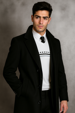 Men's Black Wool Overcoat  Big & Tall Dress Topcoat in Dark Color