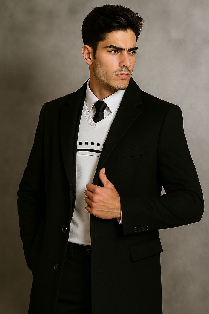Men's Black Wool Overcoat  Big & Tall Dress Topcoat in Dark Color