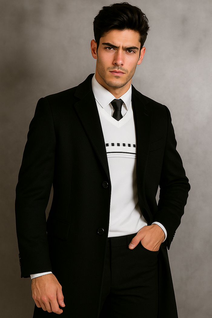 Men's Black Wool Overcoat  Big & Tall Dress Topcoat in Dark Color