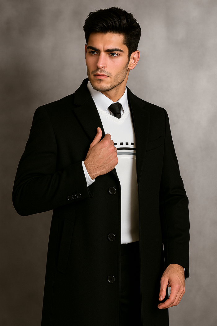 Men's Black Wool Overcoat  Big & Tall Dress Topcoat in Dark Color