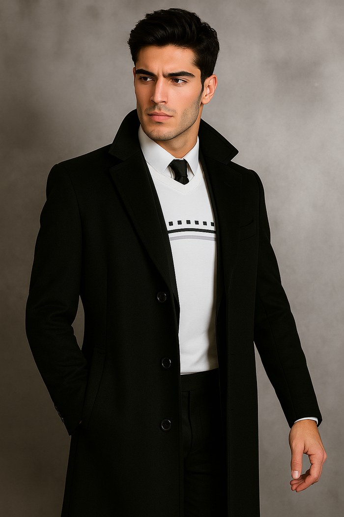 Men's Black Wool Overcoat  Big & Tall Dress Topcoat in Dark Color