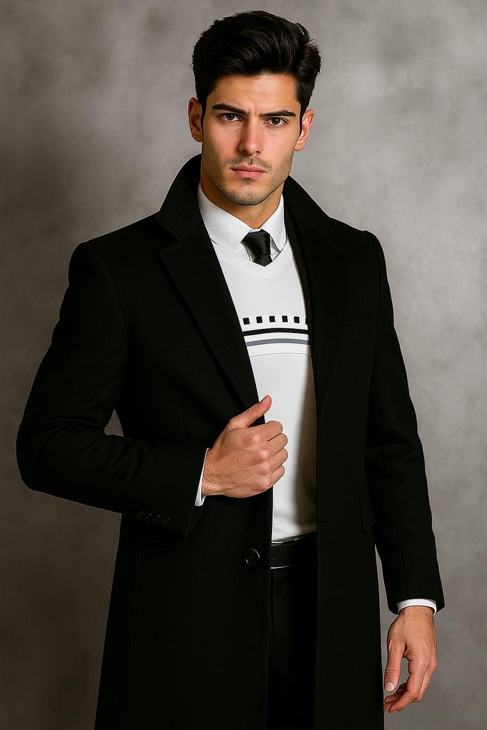 Men's Black Wool Overcoat  Big & Tall Dress Topcoat in Dark Color