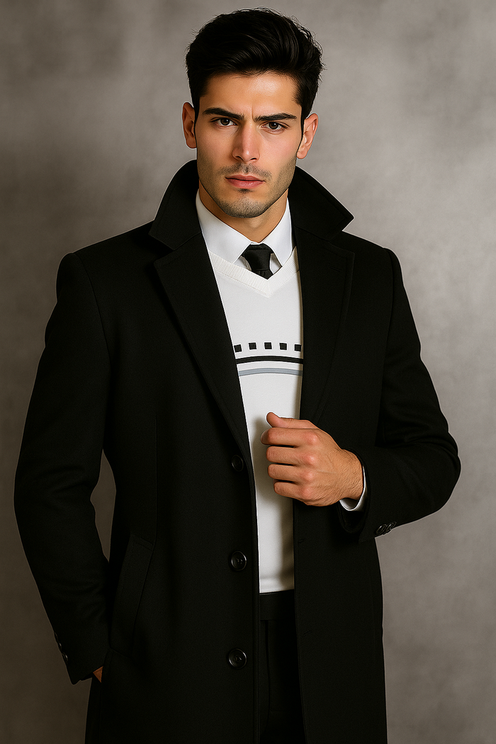 Men's Black Wool Overcoat  Big & Tall Dress Topcoat in Dark Color